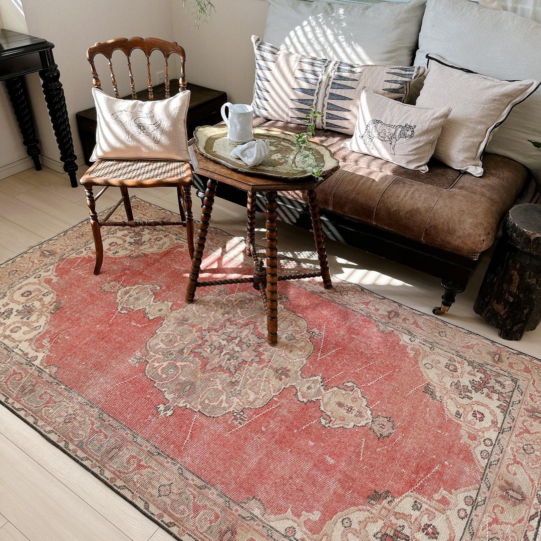 トルコヴィンテージラグ A91 レア コーラルピンク ベージュ ブルーグレー