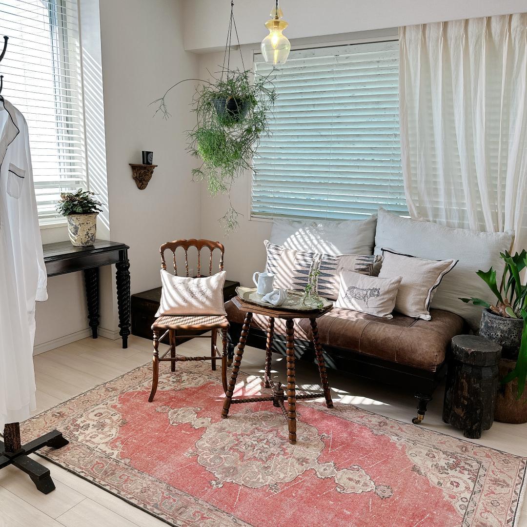 トルコヴィンテージラグ A91 レア コーラルピンク ベージュ ブルーグレー