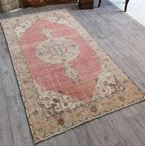 トルコヴィンテージラグ A91 レア コーラルピンク ベージュ ブルーグレー