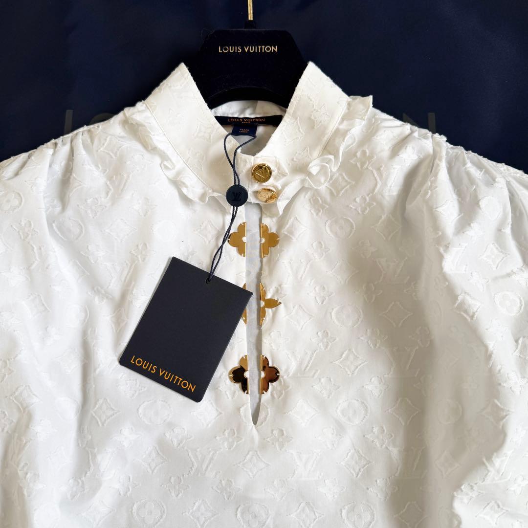 新品タグ付　21SS　ルイヴィトン　シャツ　モノグラム　総柄　フリル　L相当　白
