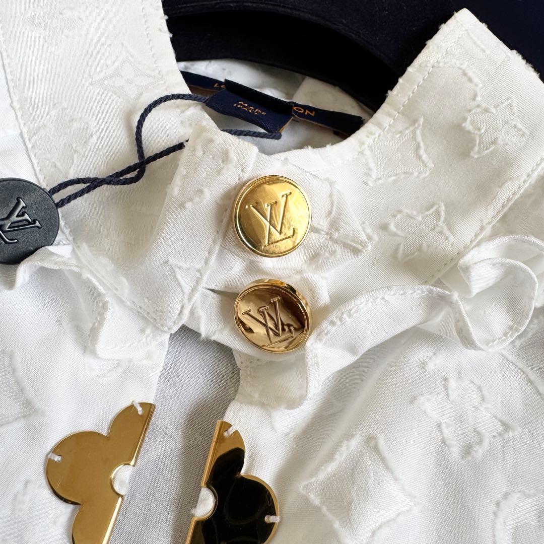 新品タグ付　21SS　ルイヴィトン　シャツ　モノグラム　総柄　フリル　L相当　白