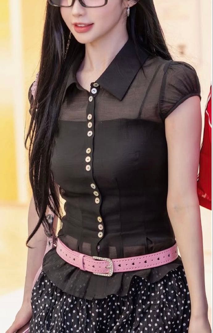 Sculptor Sheer Pleated Hem Blouse ブラック