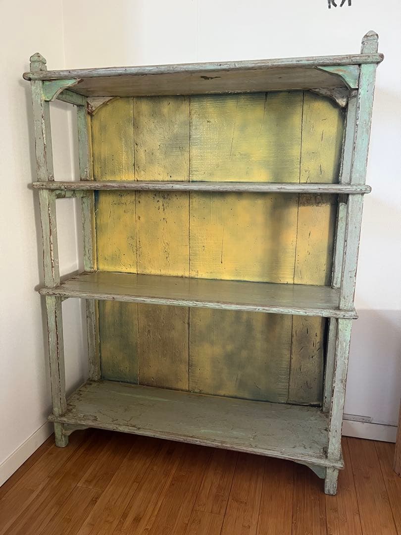 金時商店　　アンティーク風 緑色木製オープンシェルフ
