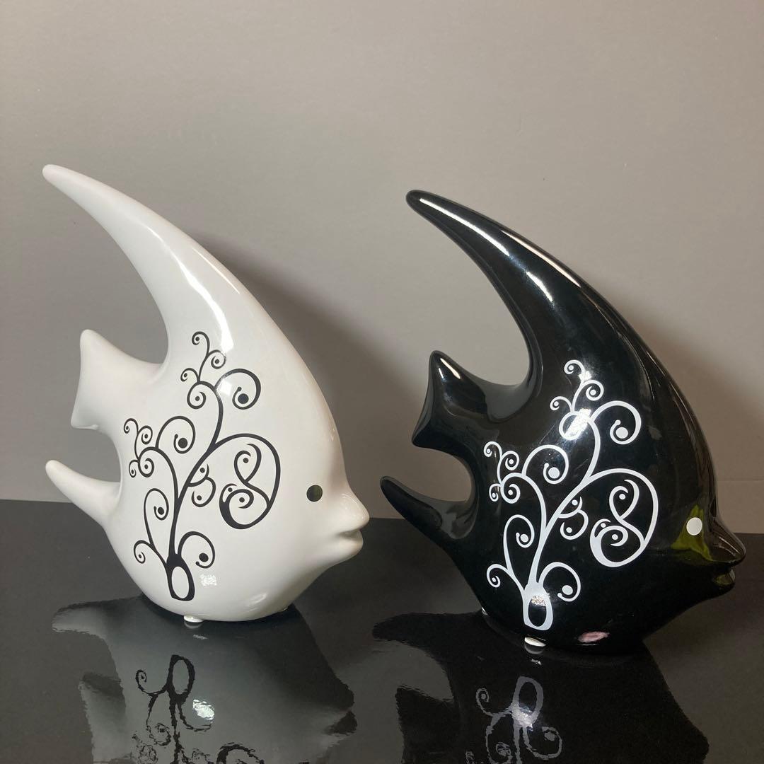 白黒魚形陶器 置物 2個セット インテリア アンティーク 雑貨 美術品 アート
