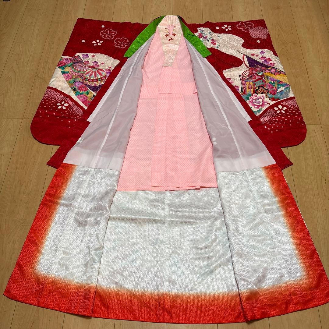 161 正絹　真紅×絞り　疋田　7歳 七五三着物フルセット　和装小物　袋帯