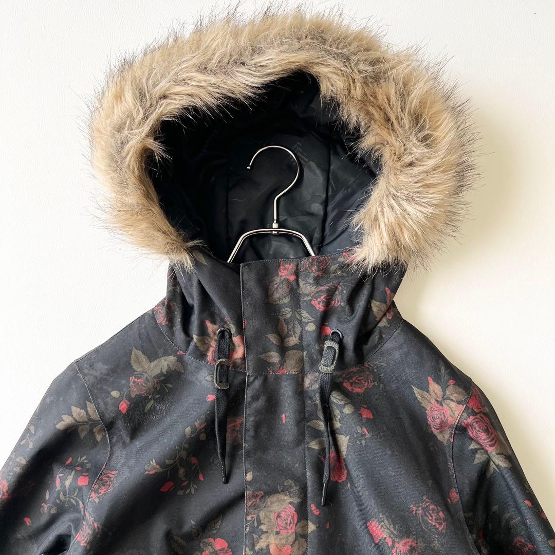 3268 ボルコム　ジャケット ファー付き 花柄 バラ　黒　S