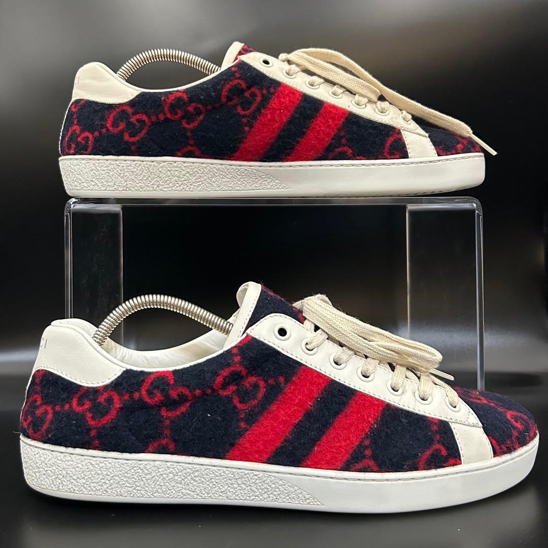 【極美品】グッチ GGウール ジャンボ スニーカー メンズ ニット 紺 26.5