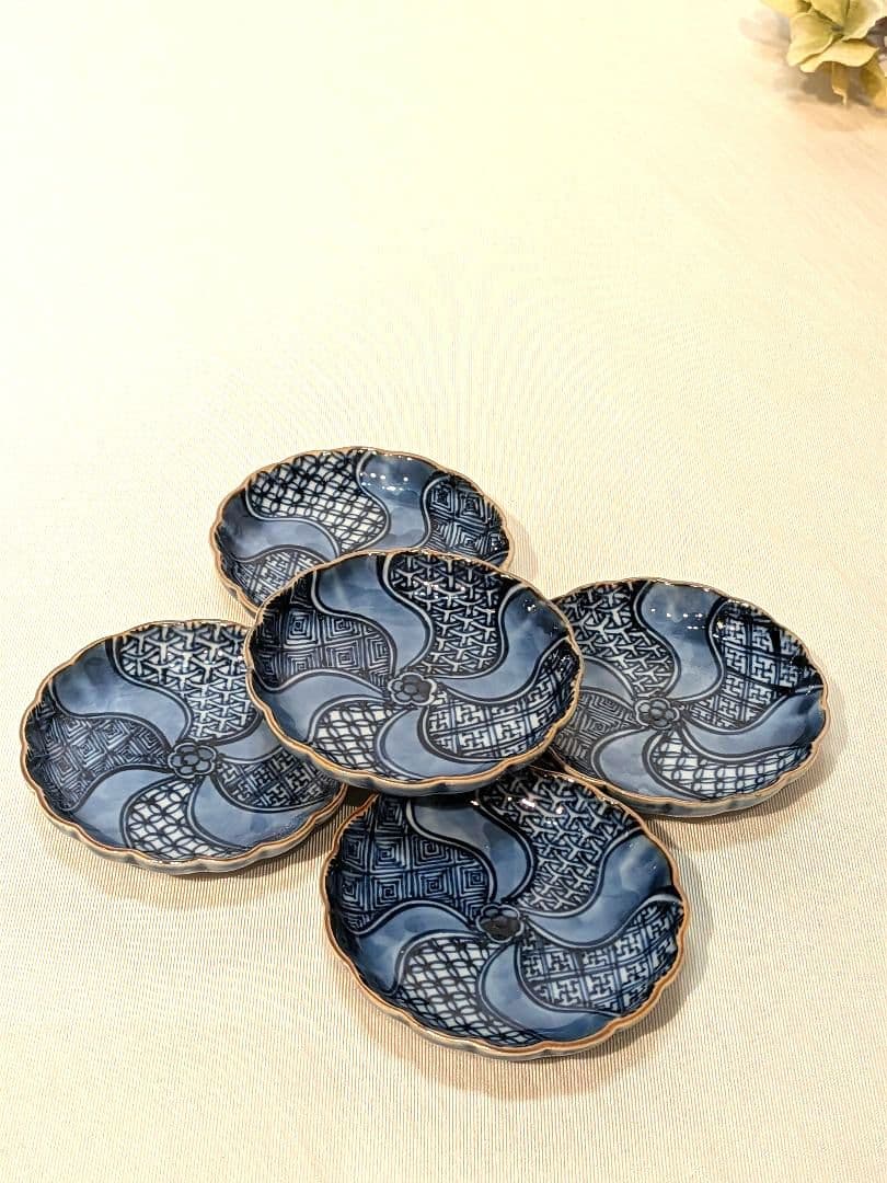 京焼　加藤利昌　染付　祥瑞　菊型　豆皿　５枚　清水焼