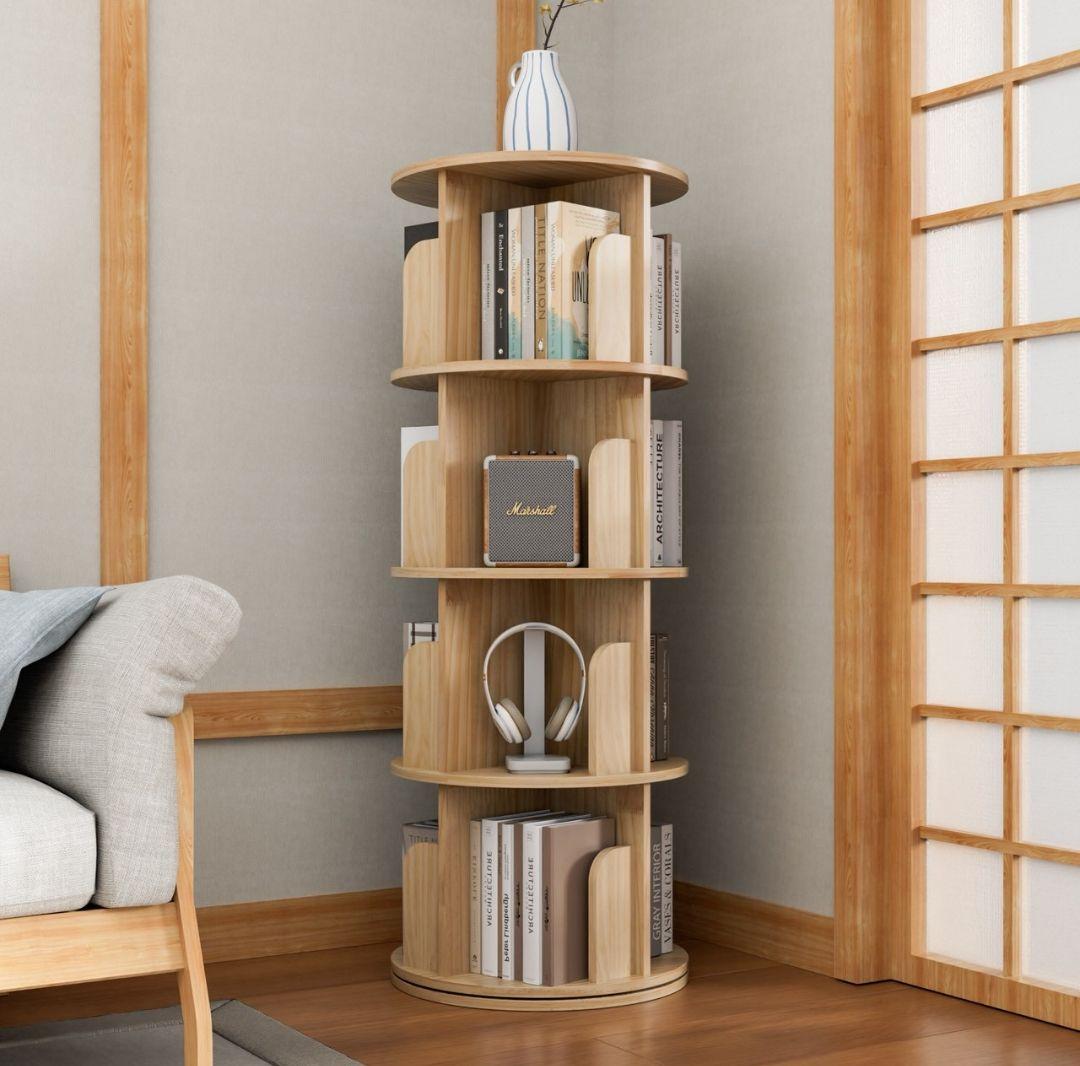 回転本棚 本棚 無塗装 コンパクト 大容量 組み立て簡単 スペース有効活用