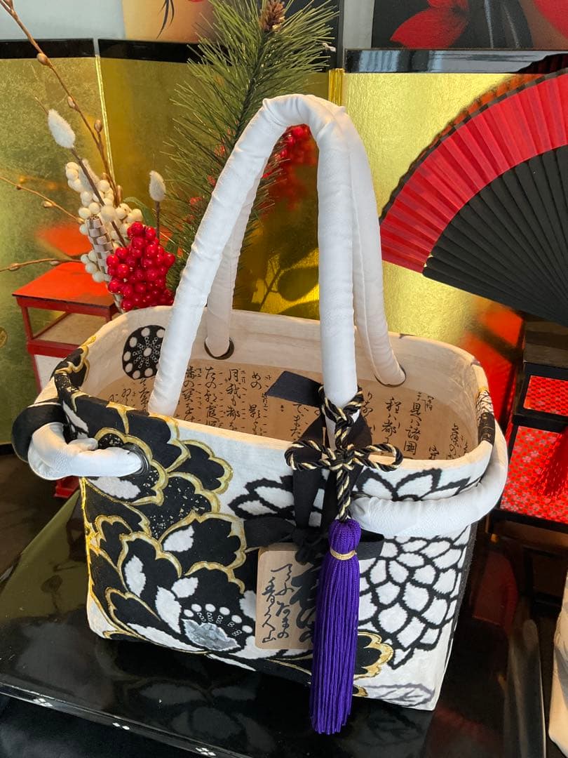 一閑張り　一閑張りバッグ　古文書　和紙　花絵柄　大正　着物　梅　京友禅　牡丹　菊