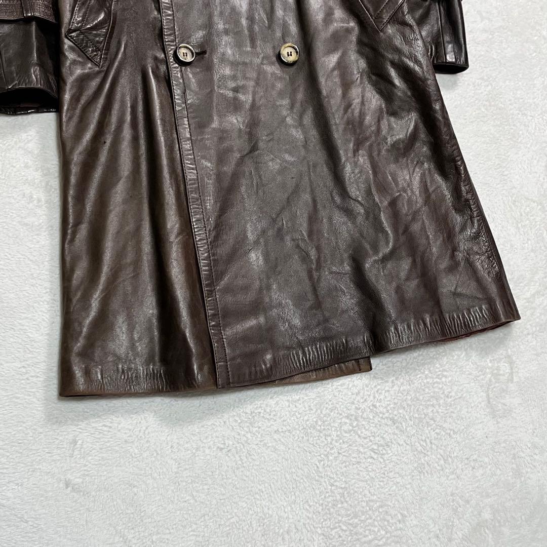 レザートレンチコート 本革 ブラウン ベルト ダブル釦 ヴィンテージ