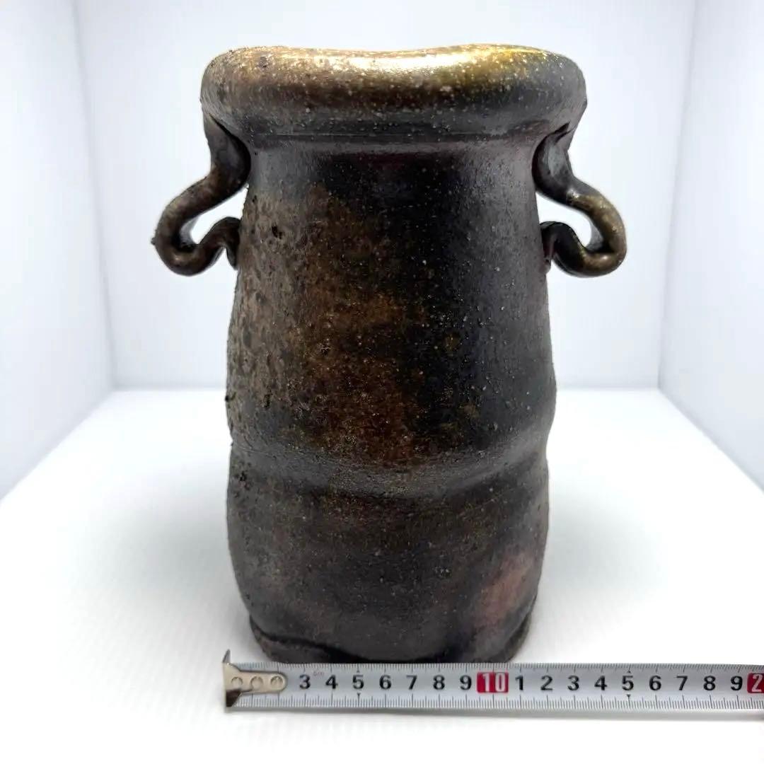 未使用 備前焼 斉藤隆 持ち手付き 花生 花瓶 花器 壺 伝統工芸 美術品