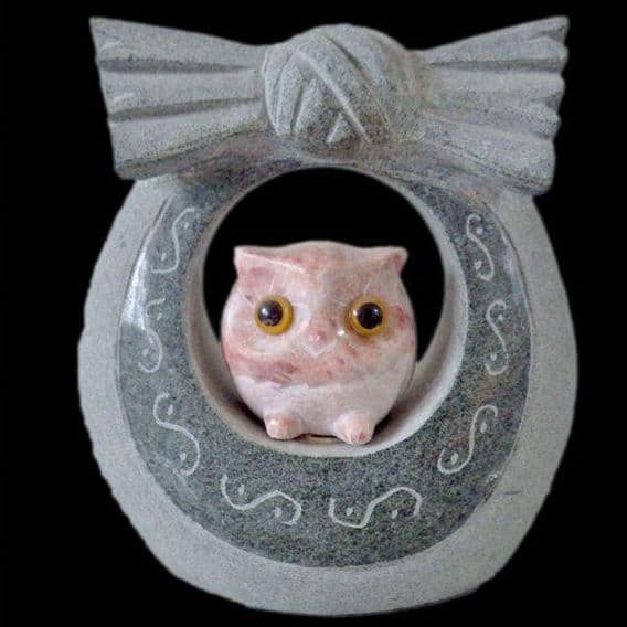 リボンフクロウ 石材彫刻 置物 インテリア