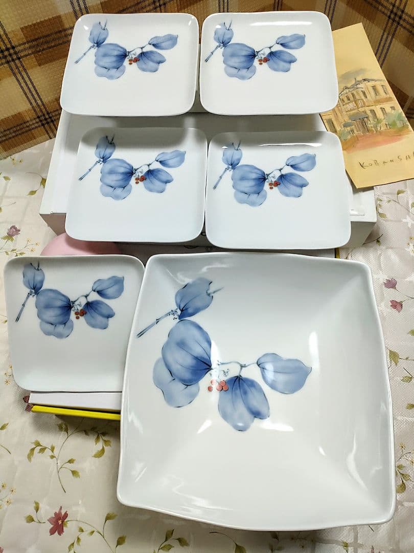 ●5589#1120　香蘭社/角大鉢1点、角銘々皿5点(共に山帰来)　1019