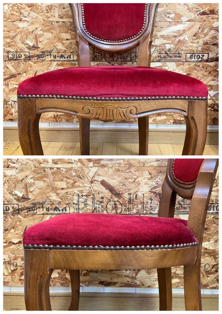 イタリア製 ロココ調 木製椅子 ベロア調 赤 猫脚 猫足 アンティーク チェア