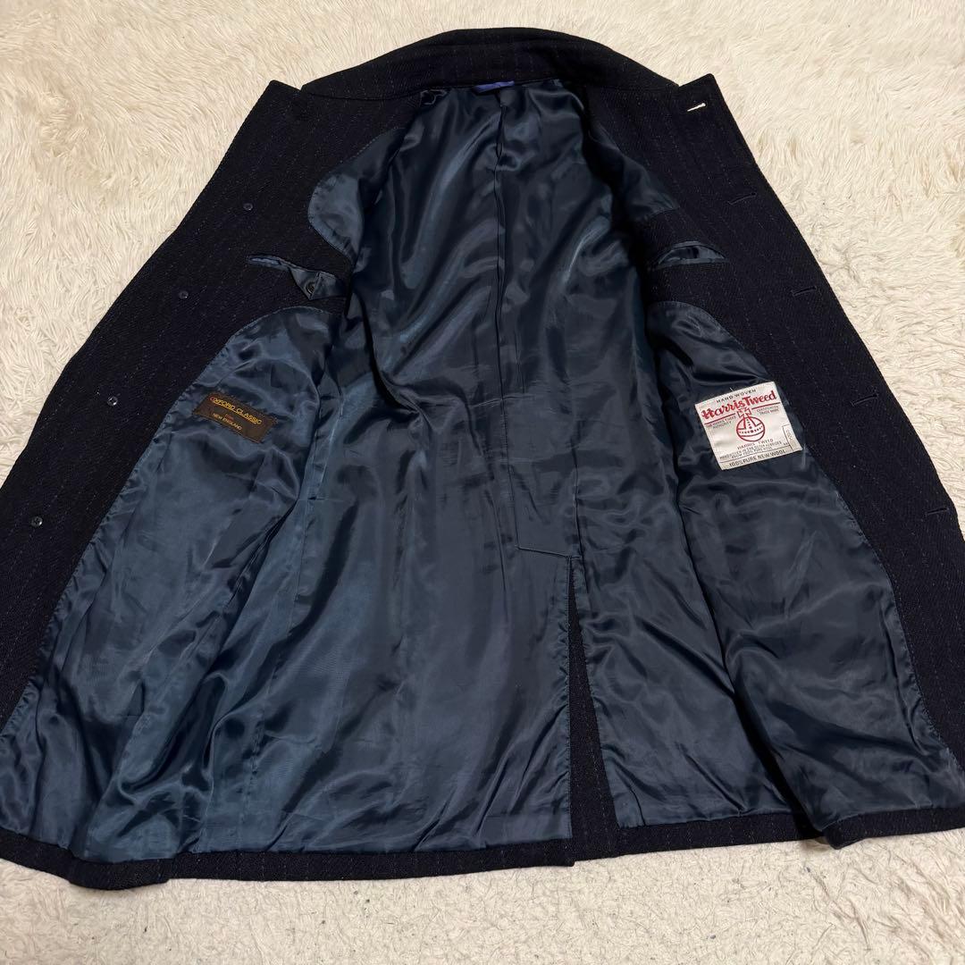 美品　ハリスツイード　ロングコート　ステンカラー　ヘリンボーン　ネイビー