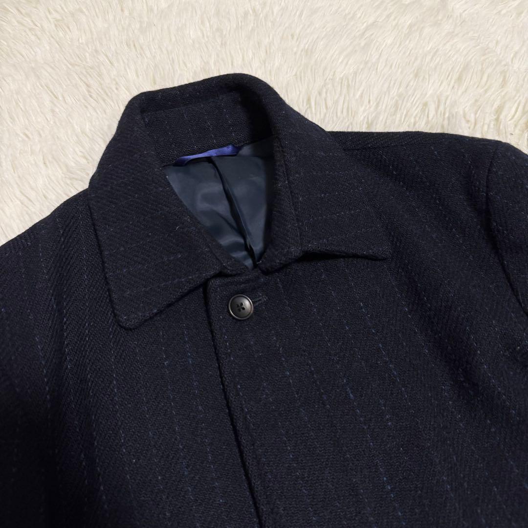 美品　ハリスツイード　ロングコート　ステンカラー　ヘリンボーン　ネイビー