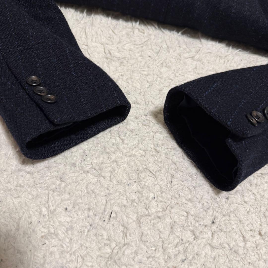 美品　ハリスツイード　ロングコート　ステンカラー　ヘリンボーン　ネイビー