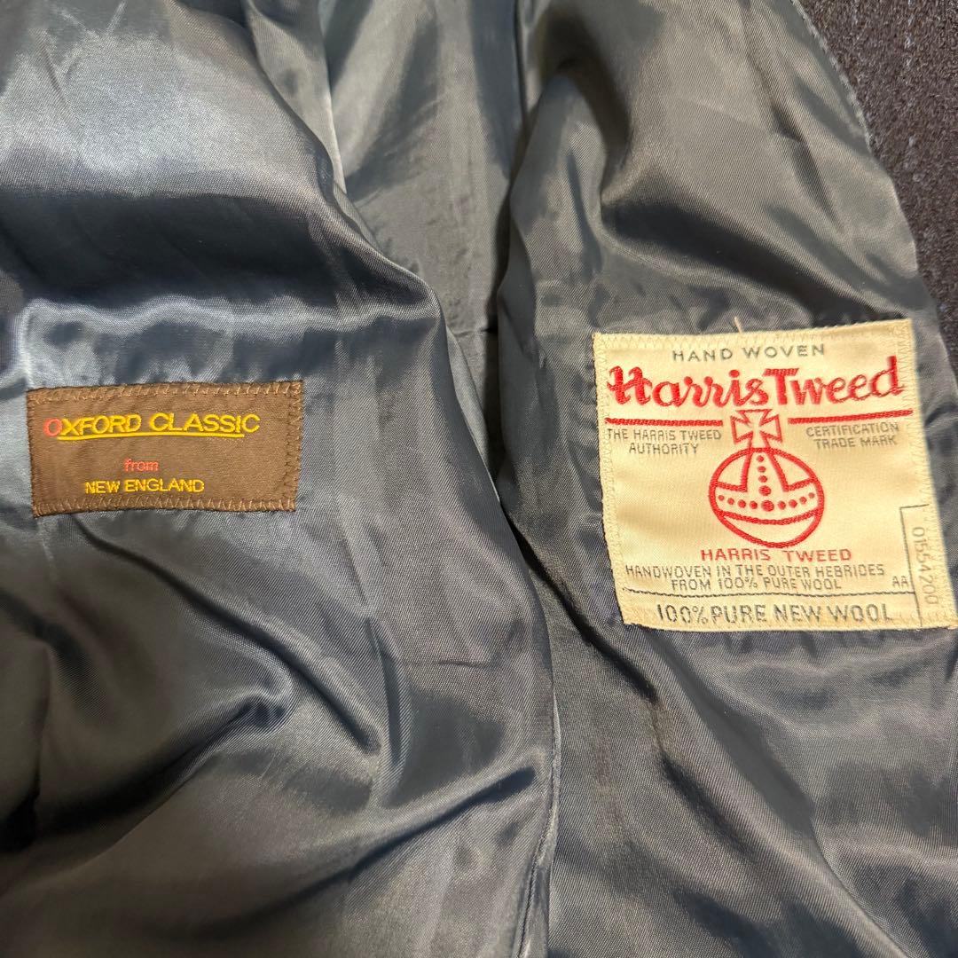 美品　ハリスツイード　ロングコート　ステンカラー　ヘリンボーン　ネイビー