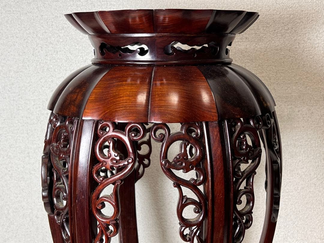 希少品 華道具 唐木 紫檀 ぶどう透かし彫リ 飾台 花台 香炉台 猫足 盆栽台