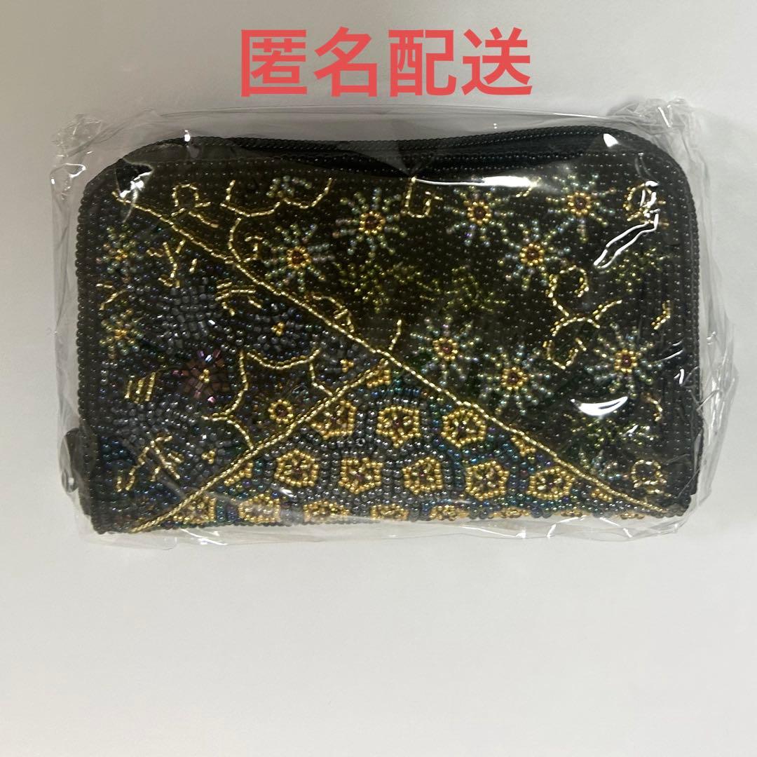 新品未使用 柏ビーズ ラウンド小財布099黒帯柄ビーズ刺繍