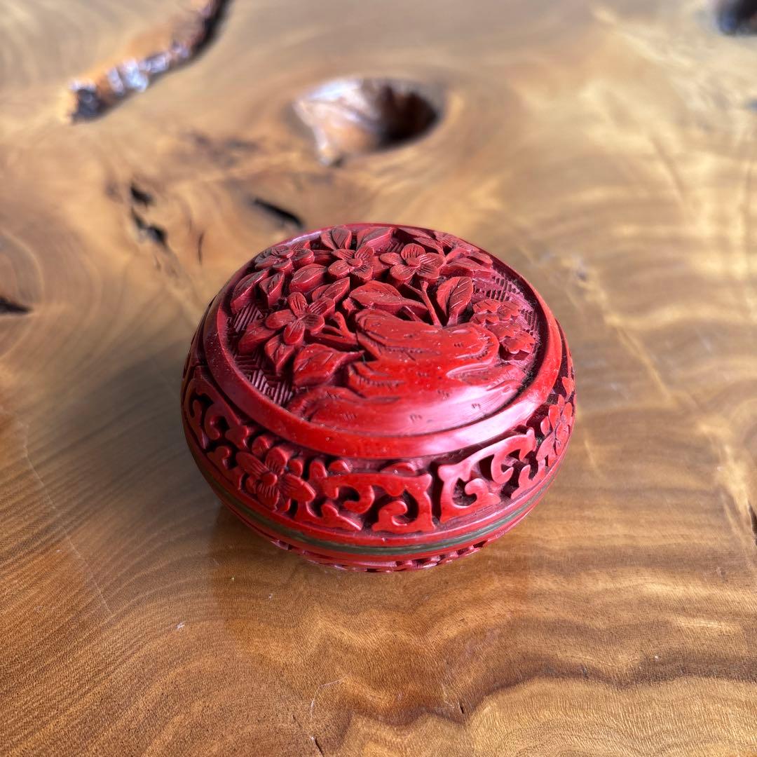 中国 堆朱 香合 茶道具 内七宝 金属枠香合