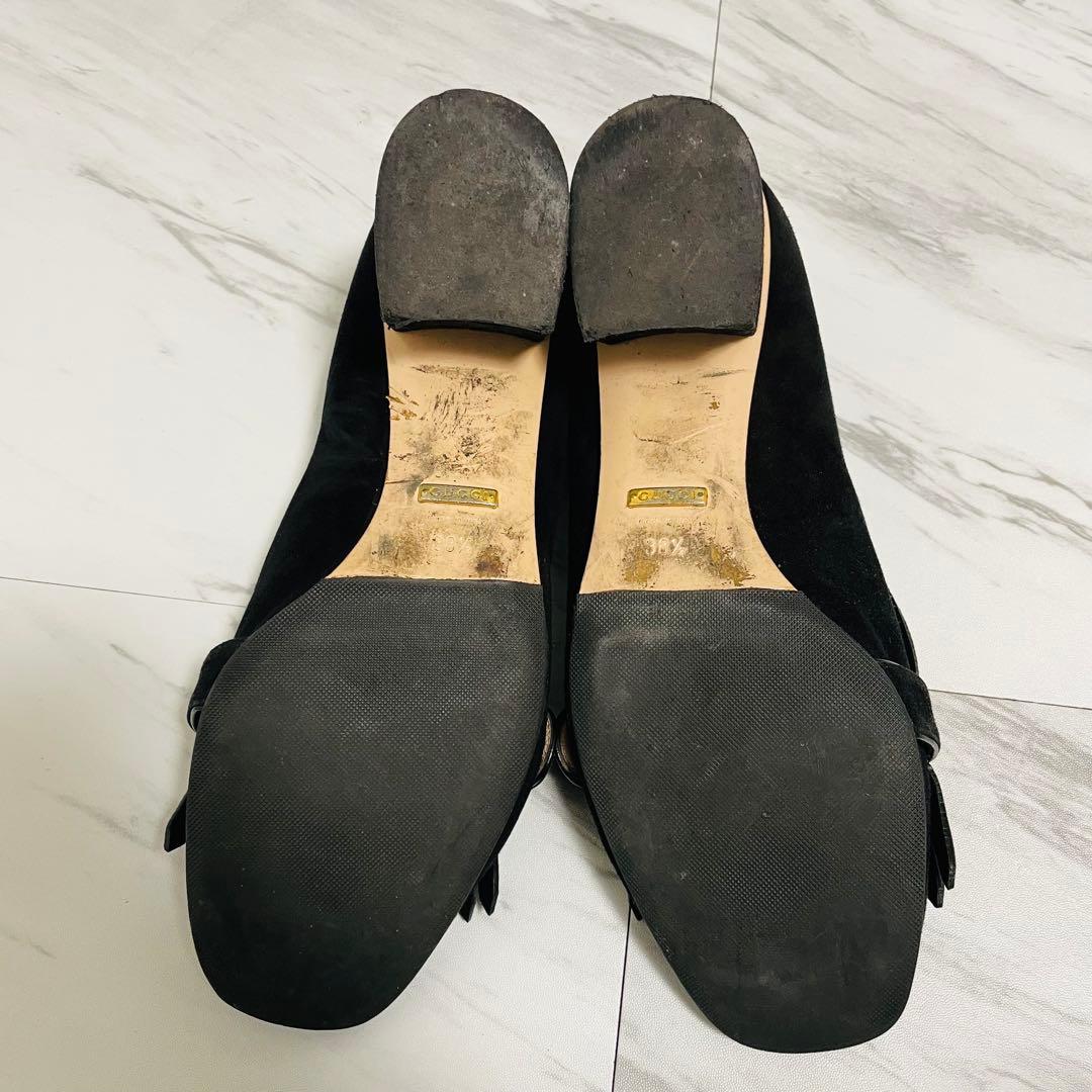 GUCCI GGマーモント フリンジ パンプス スエード 黒 25.5cm