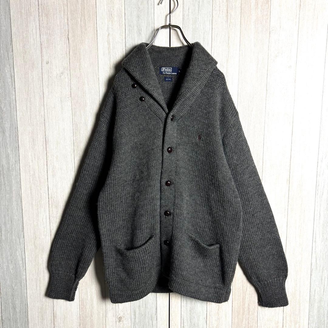 3511【人気・美品】 ラルフローレン 刺繍ロゴ ショールカラー カーディガン