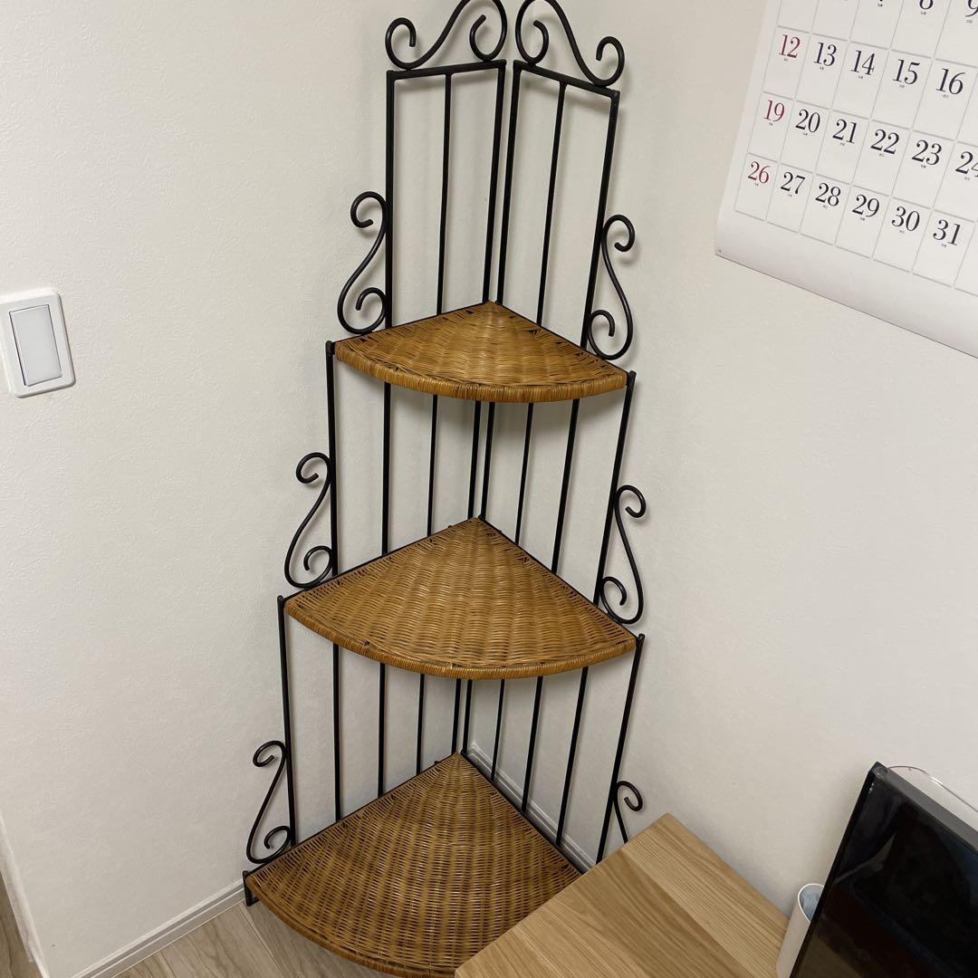 アンティーク調 アイアンフレーム 3段コーナーラタンラック 飾り棚 花台 レトロ