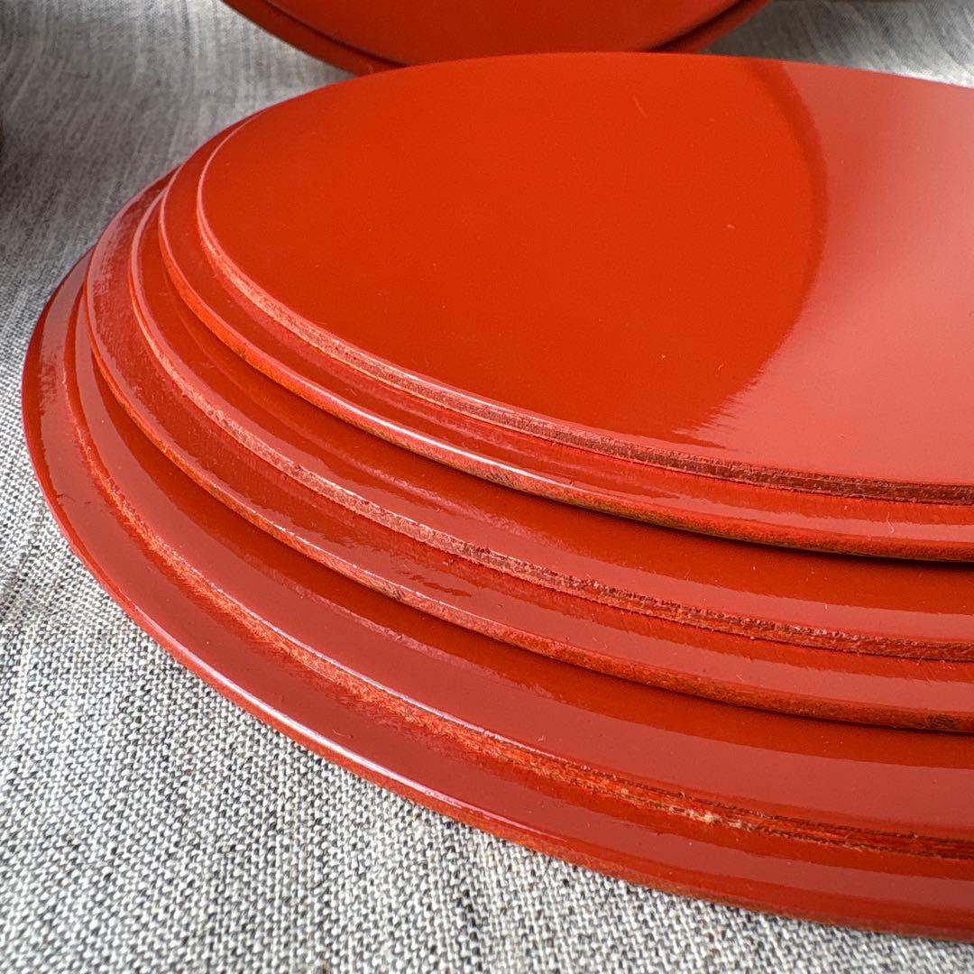 木製 重箱 4段 入子 欅 内朱塗り シンプル ストレージボックス 漆器 丸型