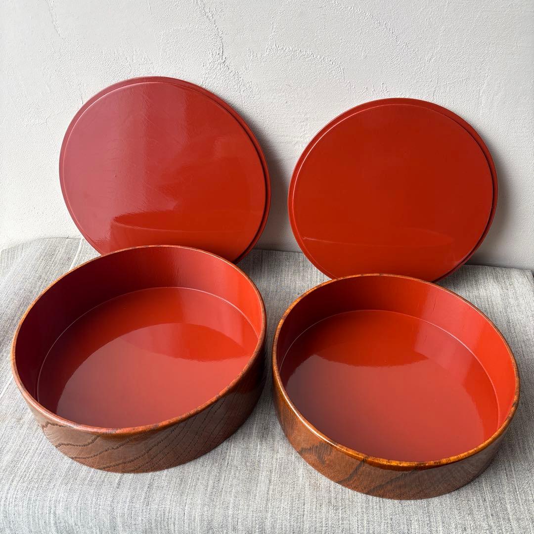 木製 重箱 4段 入子 欅 内朱塗り シンプル ストレージボックス 漆器 丸型