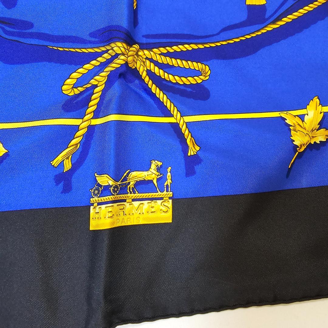 エルメス カレ90 クリップス ノット柄 シルク スカーフ 青 黒