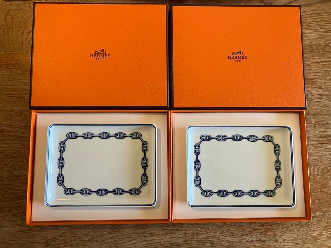 HERMES シェーヌダンクル(ブルー)スクエア皿2枚セット