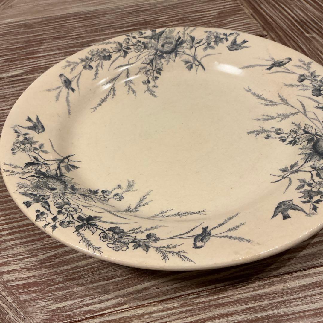 美品　フランスアンティーク　クレイユモントローリノットプレート　花　鳥
