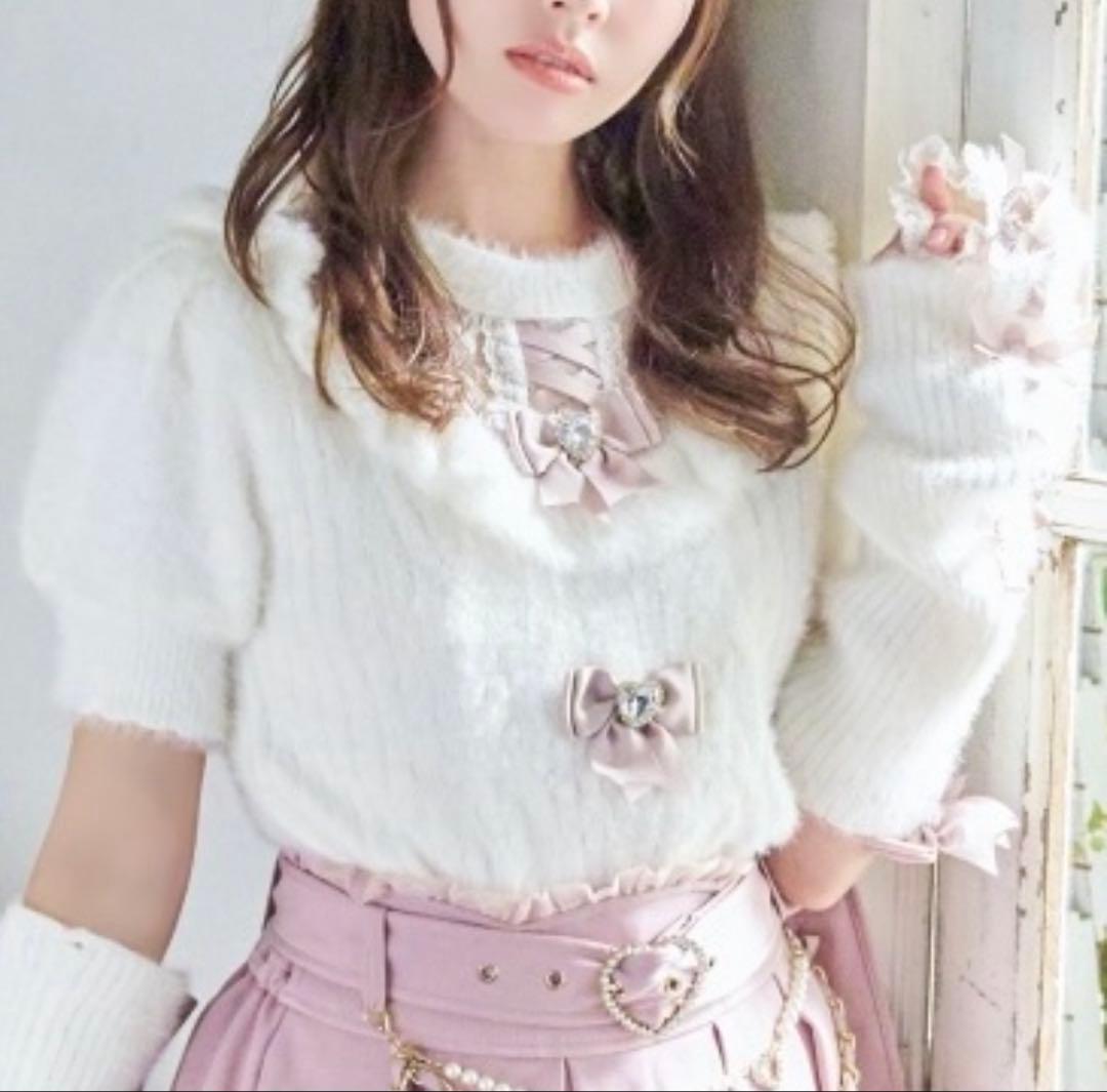 リズリサ　アームウォーマー3連リボンニット　ホワイト