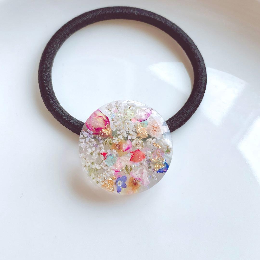 レジンヘアゴム　バラ　オーロラ　勿忘草　ピンク　ブルー