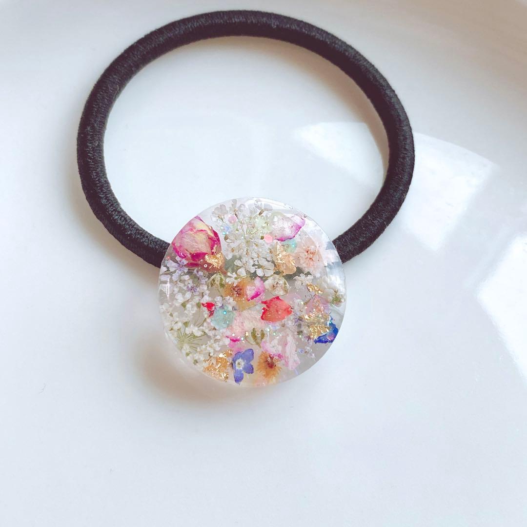 レジンヘアゴム　バラ　オーロラ　勿忘草　ピンク　ブルー