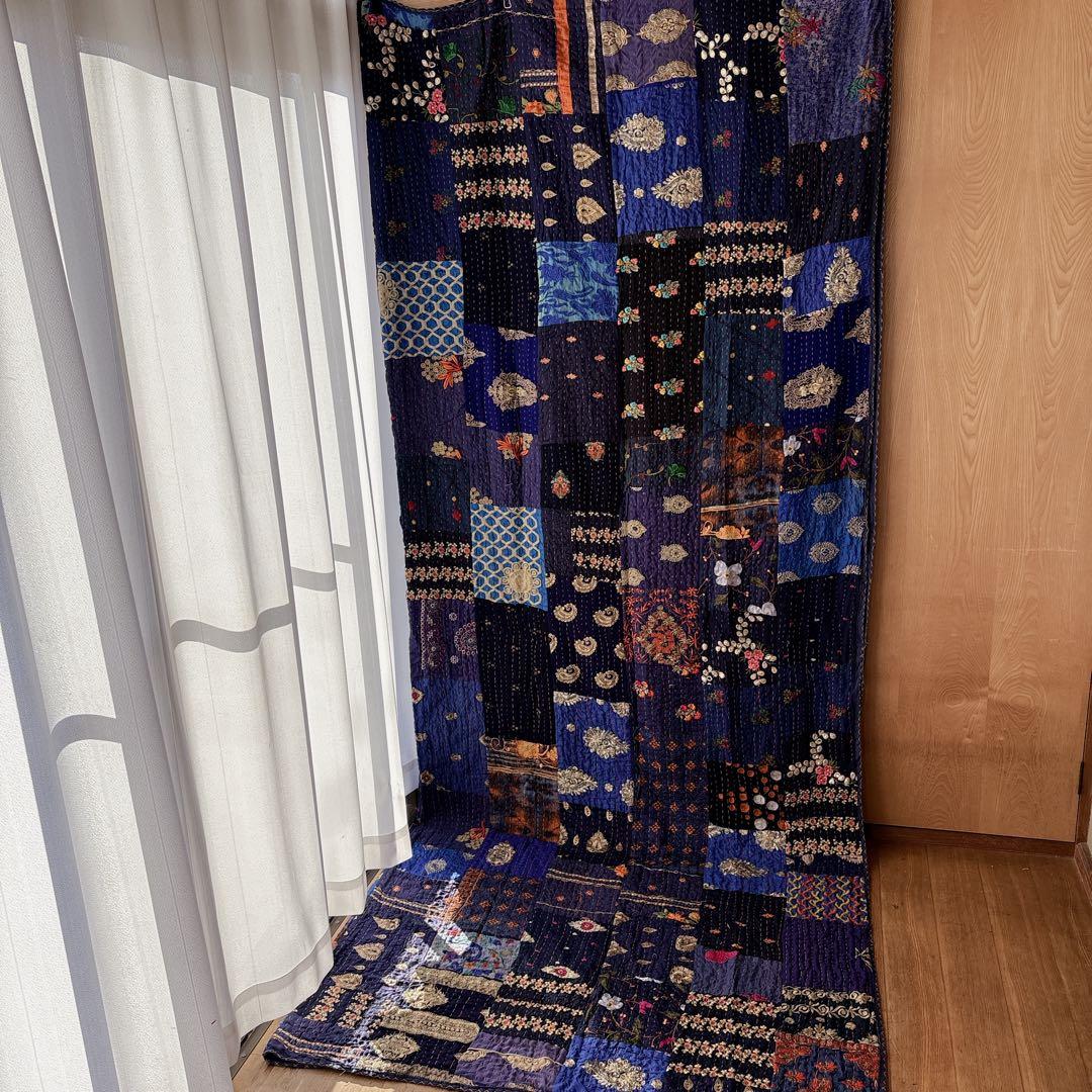 未使用❁大判　エンブロイダリー　ネイビー　パッチワークカンタキルトマルチカバー