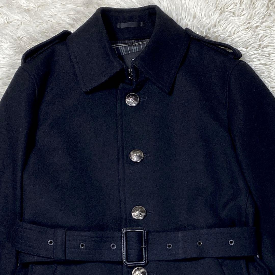 バーバリーブラックレーベル　ステンカラーコート　ブラック　カシミヤ混　銀ボタン