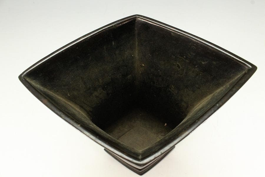 茶道具 花道 古銅 饕餮紋 菱口 瓶 高23.5cm 時代物(K-YC390)