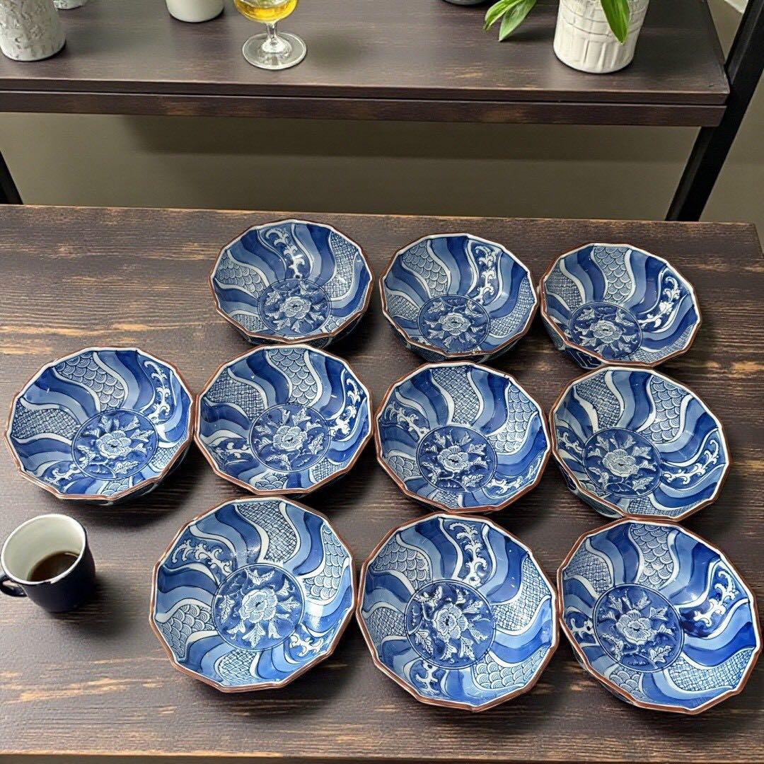 (10客揃え) 和食器 捻り祥瑞 染付 なます皿 刺身皿 鉢 直径15cm 銀彩