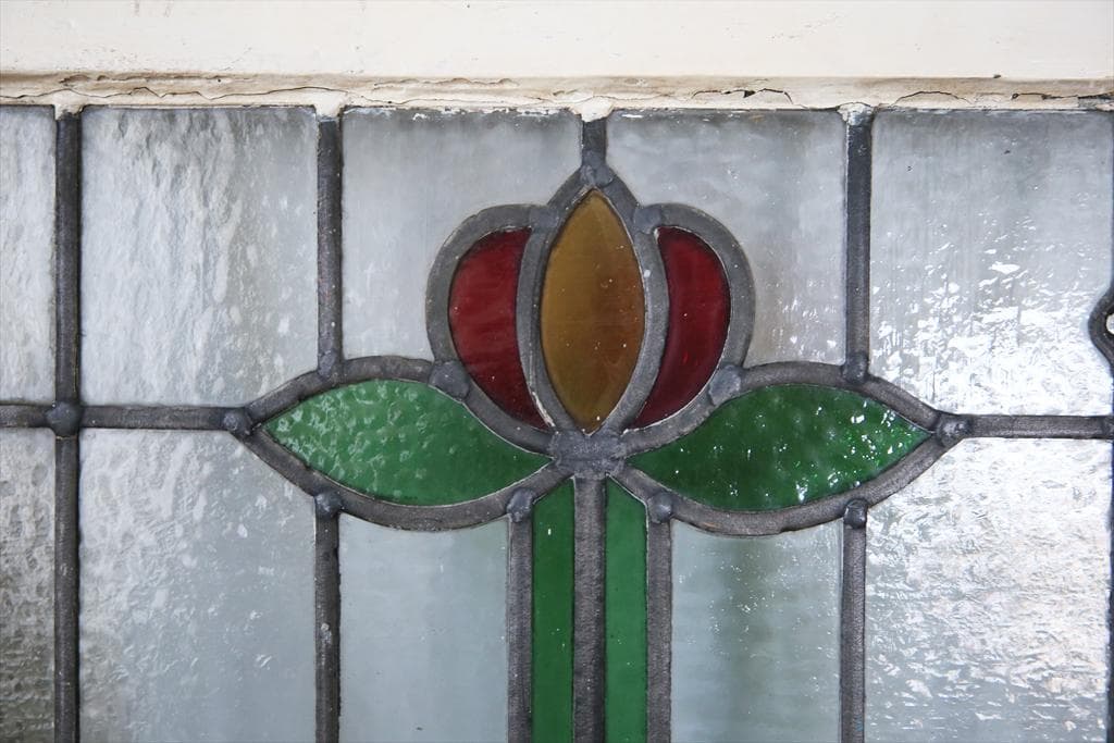 英国アンティークステンドグラス窓枠/ガラスウィンドウ建具/オブジェ(92-48)