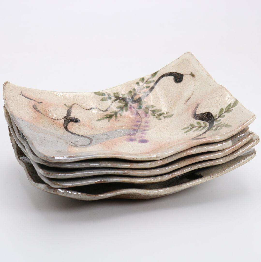 北大路魯山人作 鼠志野 藤絵皿 五客 清水公照書付 共箱共布　SZ853　DK1