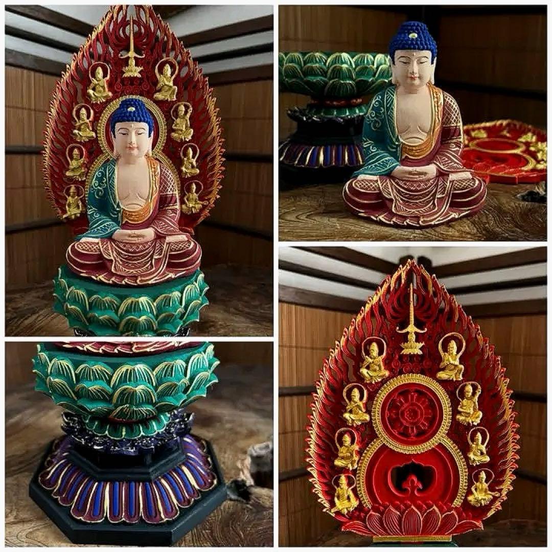 仏教美術 彩色総桧材 細密彫り 飛天光背 八角台座 釈迦如来像 仏像 展示品三寸