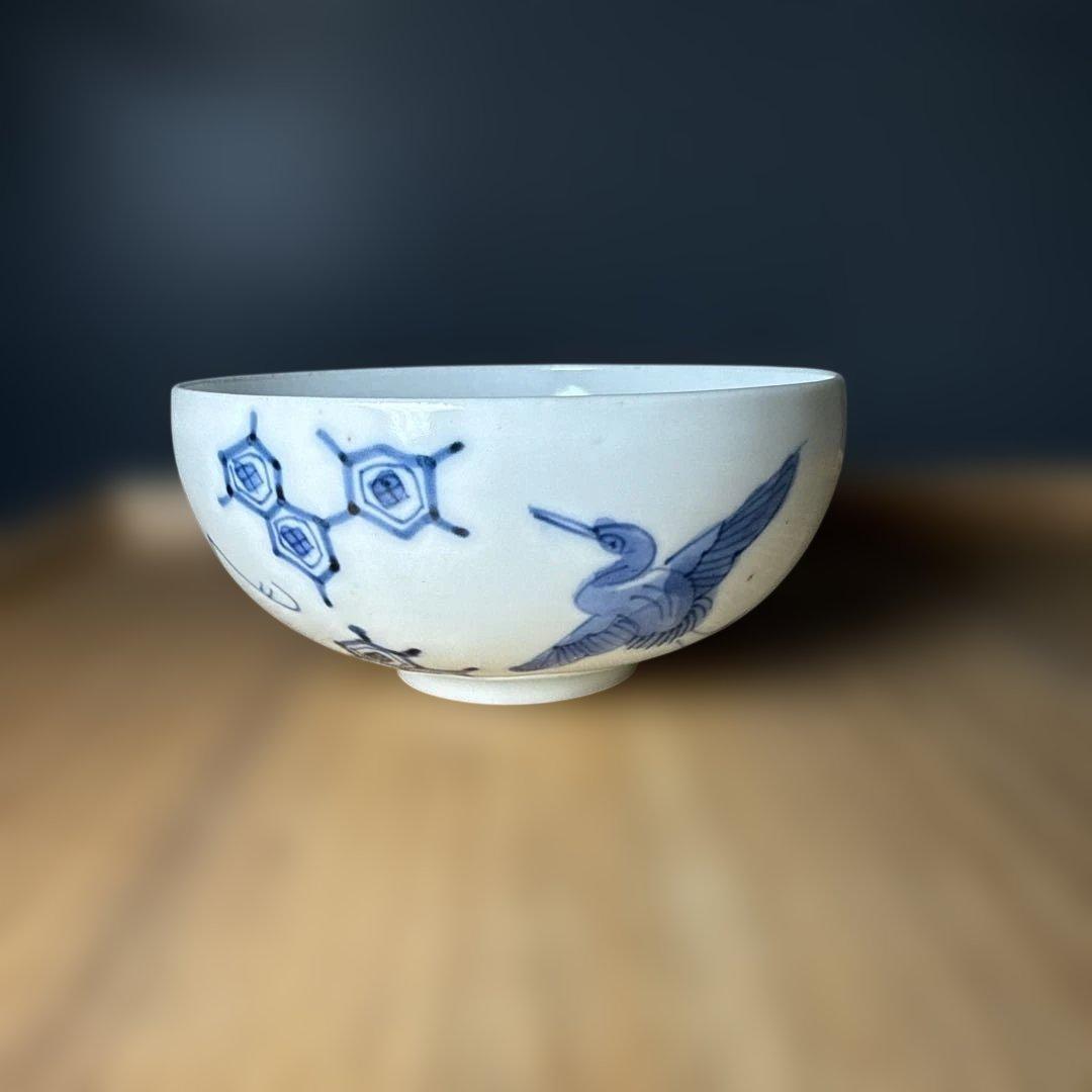 古平戸　染付鶴文様茶碗　五客　特注仕立箱　汲み出し　江戸後期〜明治期　古伊万里