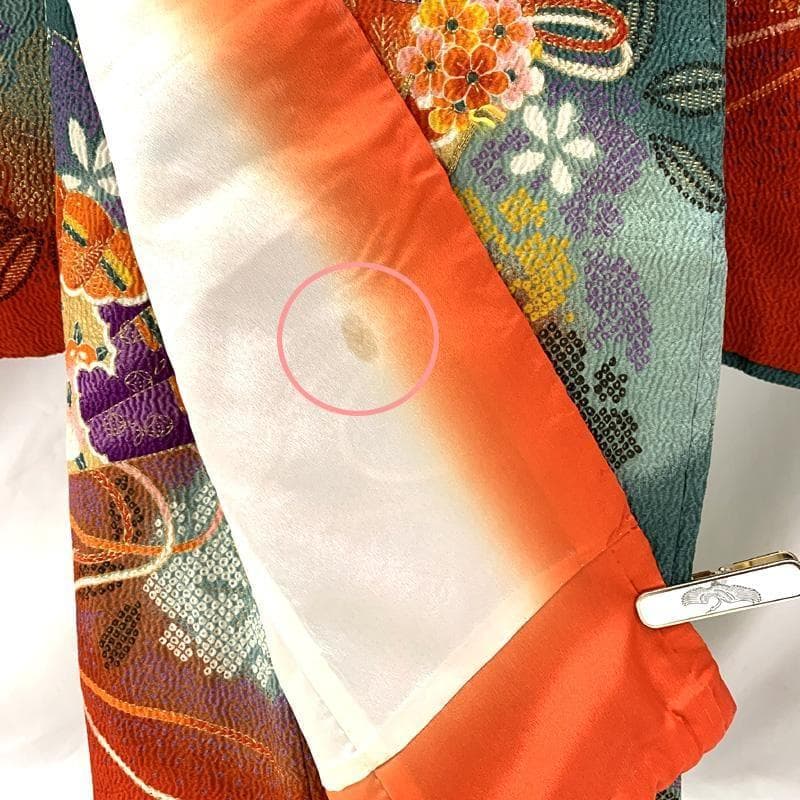 412ag63□七五三 七歳 女児 着物&袋帯 金彩 縮緬 扇 赤緑□状態良好u