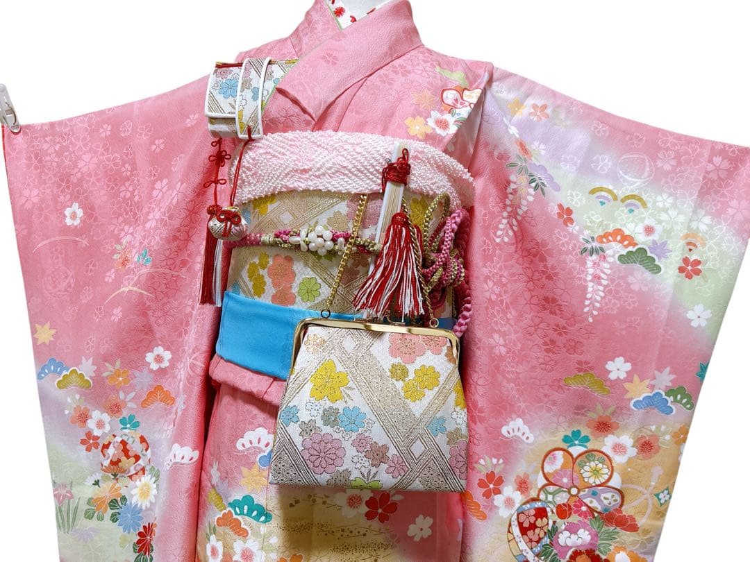 豪華正絹完全フルセット♡七五三　7歳　女の子　ピンク系　髪飾り　パール付帯締め
