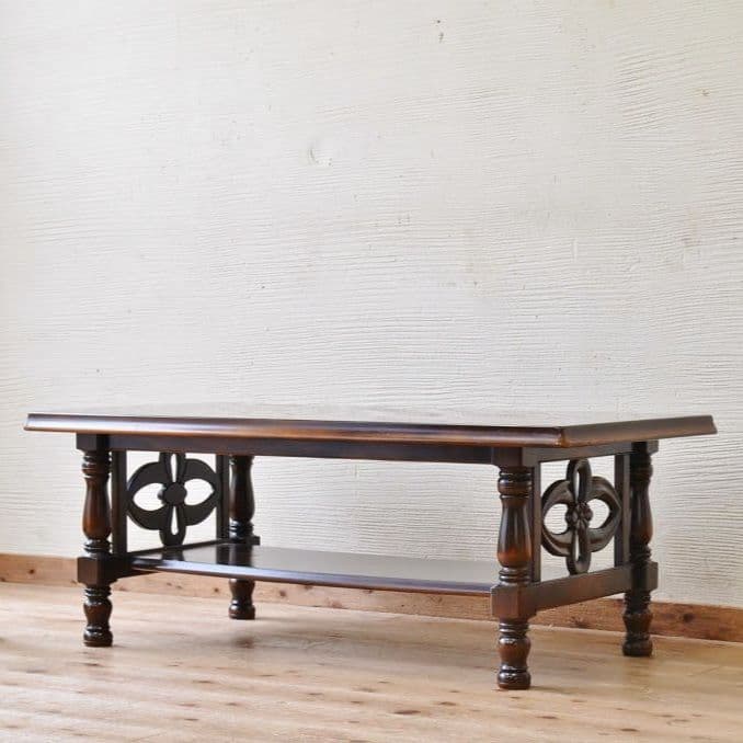 希少　1970's　飛騨産業　透かし彫り　花柄模様　ラック付属　ローテーブル