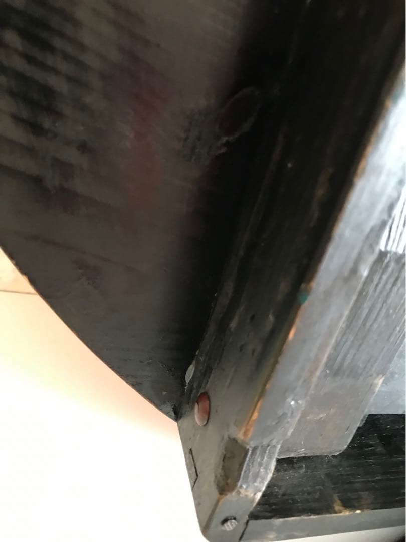 昭和レトロ　オレンジ、黒色 円形木製折り畳みテーブル　【希少】