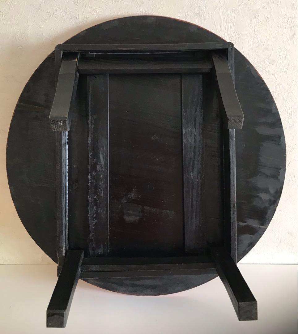 昭和レトロ　オレンジ、黒色 円形木製折り畳みテーブル　【希少】